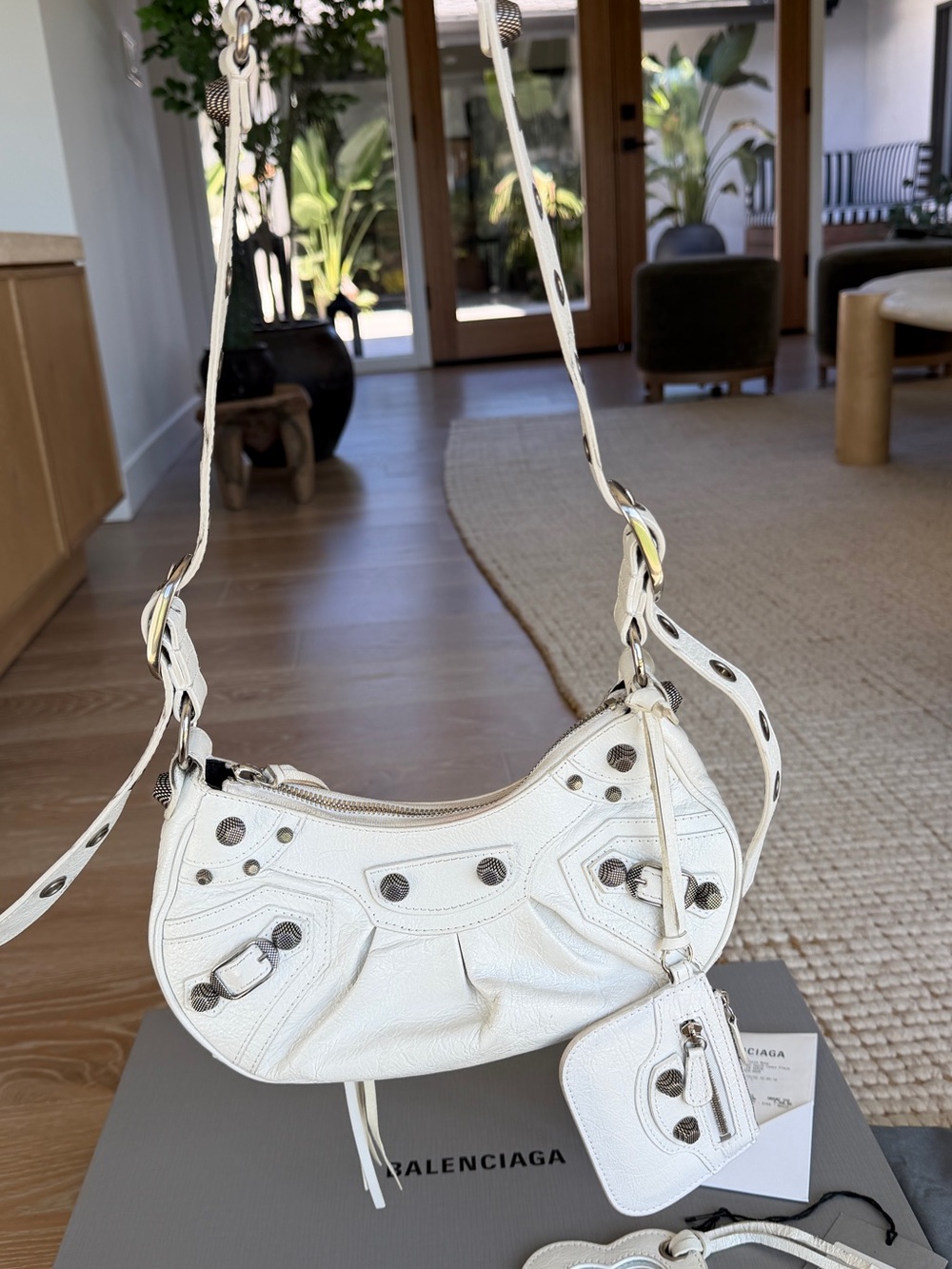 Balenciaga White Leather Crescent Shoulder Bag with Stud Details